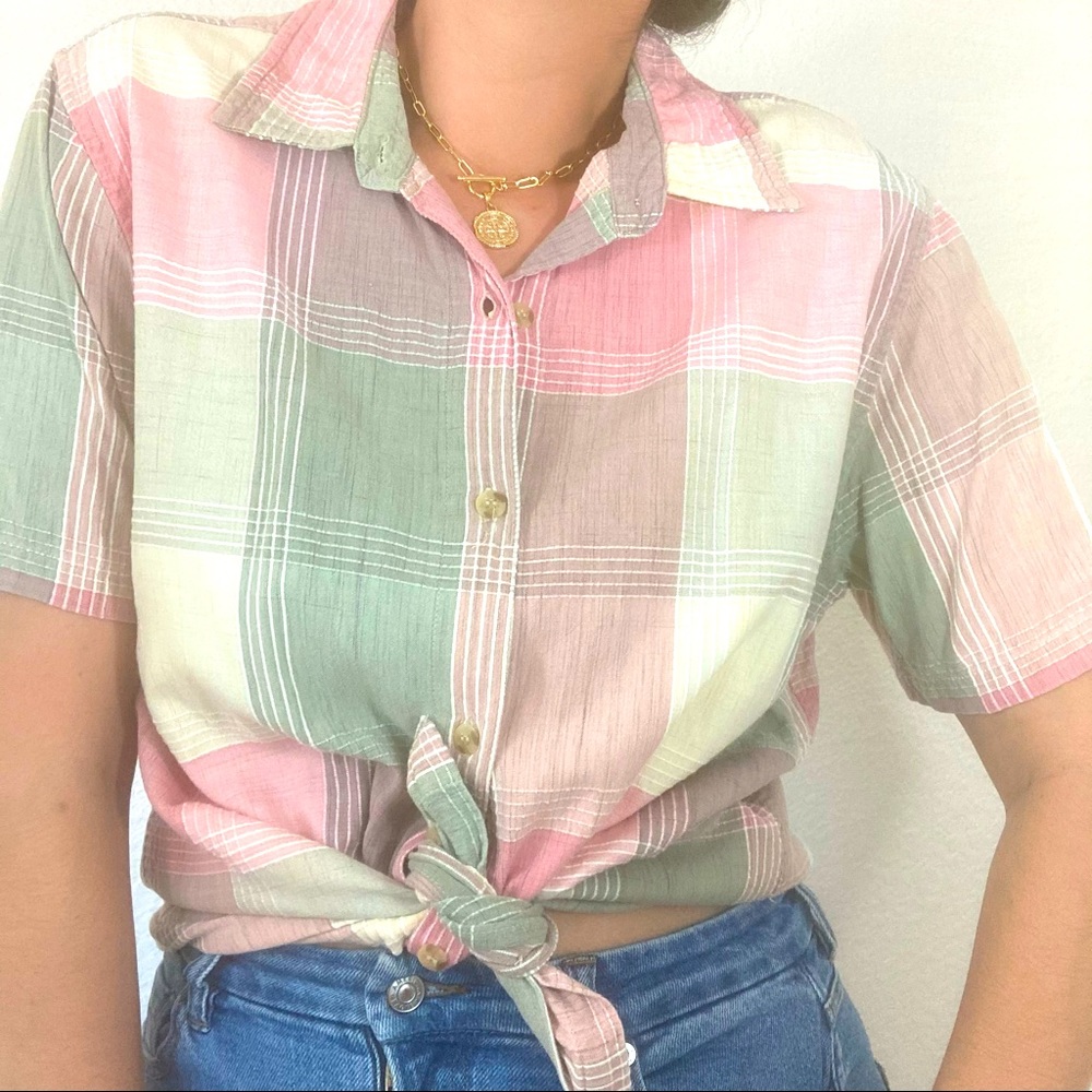 Vintage Blush Sage Plaid Check Button Down Top
